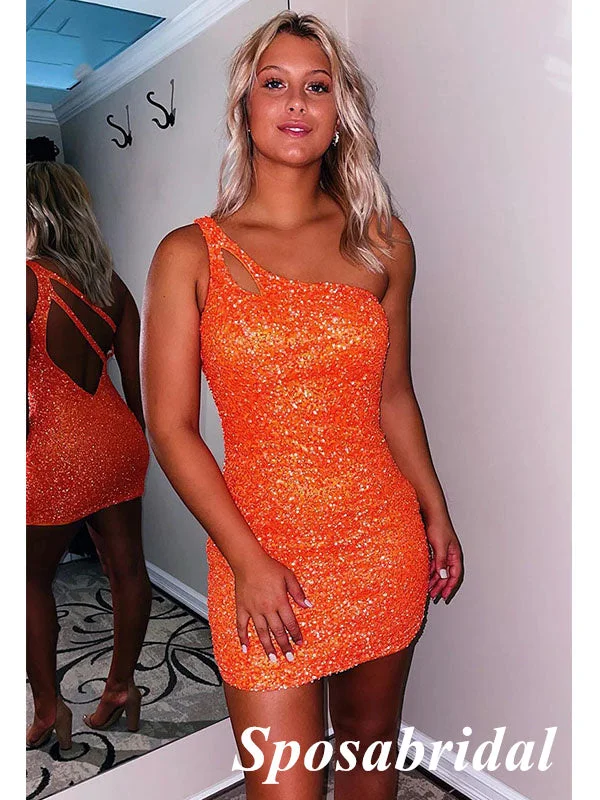 Sparkly Orange Sequin One Shoulder Sheath Mini Dresses/ Homecoming Dresses, PD3556