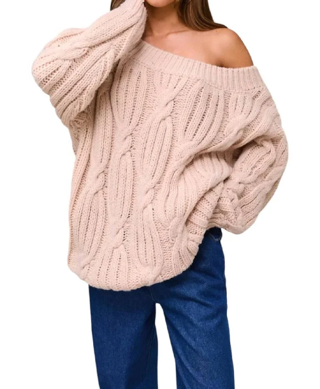 Off Shoulder Cable Sweater In Mocha