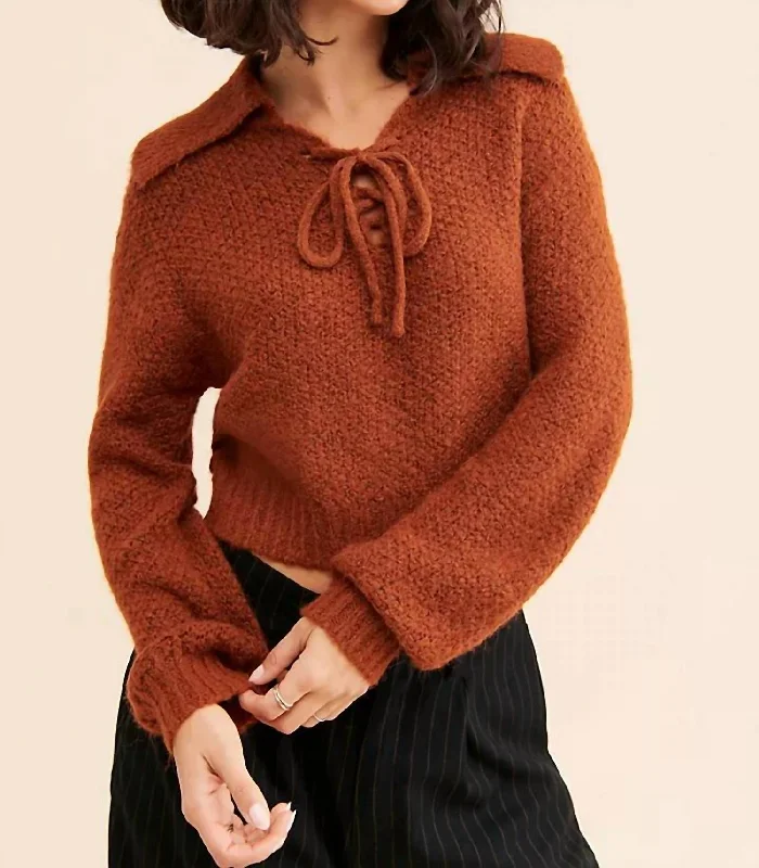 Sophia Lace Up V Neck Sweater Top In Rust